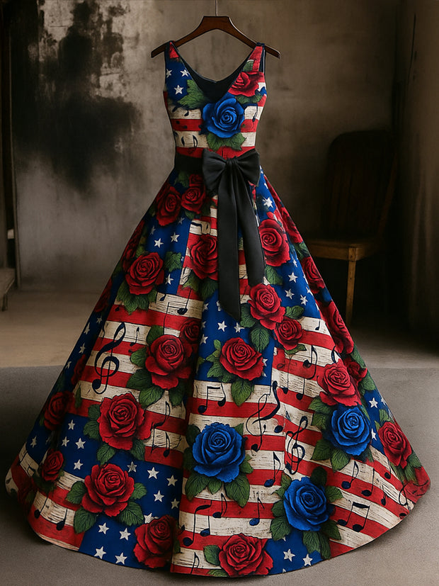 Retro American Flag Floral Art Print V-Neck Sleeveless Cotton Maxi Dress