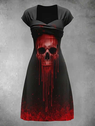 Retro Skull Art Printed Vintage V-Neck Pleated Waist Short Sleeve Midi Dress