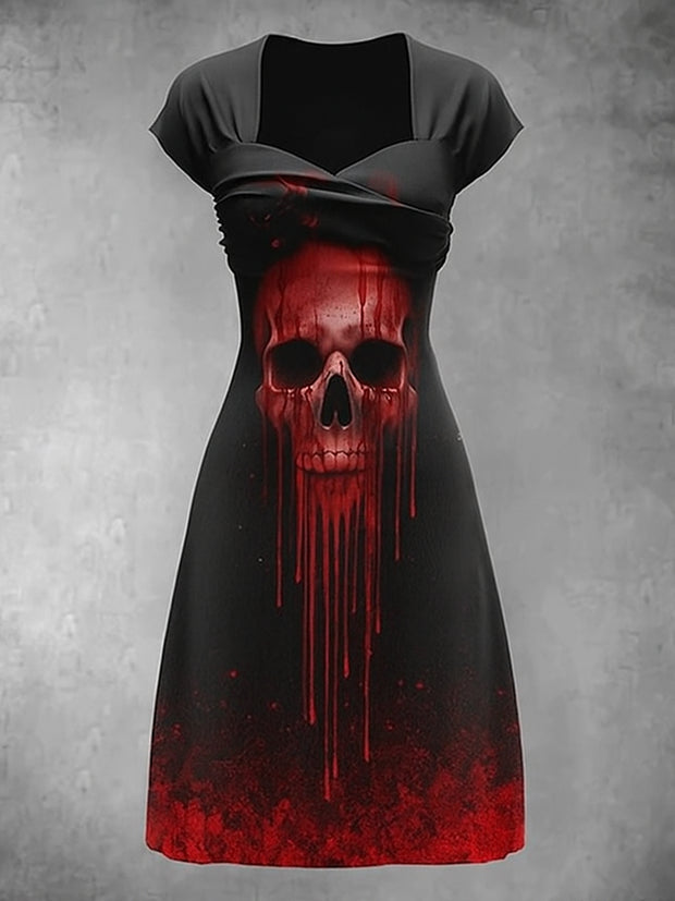 Retro Skull Art Printed Vintage V-Neck Pleated Waist Short Sleeve Midi Dress