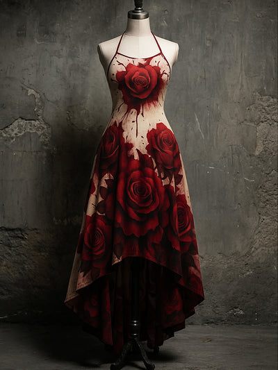 Retro Rose Floral Art Printed Vintage Comfortable Elasticity Strappy Irregular Midi Dress