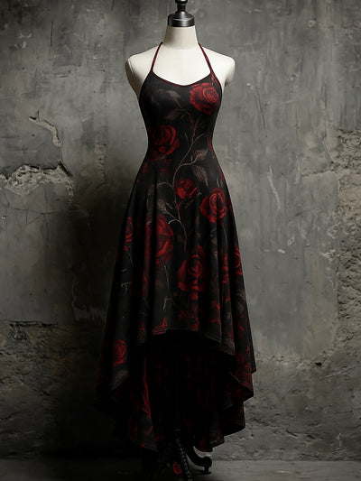 Retro Rose Floral Art Printed Vintage Comfortable Elasticity Strappy Irregular Midi Dress