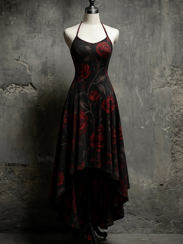 Retro Rose Floral Art Printed Vintage Comfortable Elasticity Strappy Irregular Midi Dress
