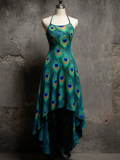 Retro Peacock Feather Art Printed Vintage Comfortable Elasticity Strappy Irregular Midi Dress