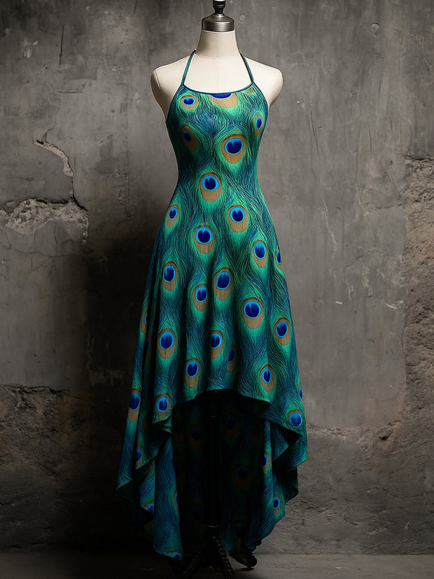 Retro Peacock Feather Art Printed Vintage Comfortable Elasticity Strappy Irregular Midi Dress