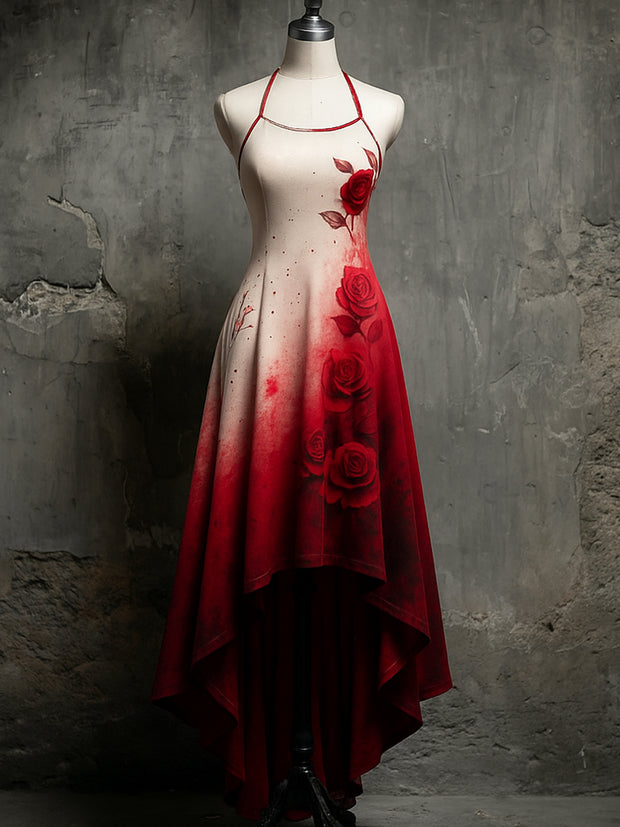 Retro Rose Floral Art Printed Vintage Comfortable Elasticity Strappy Irregular Midi Dress