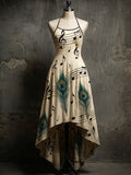 Retro Peacock Feather Art Printed Vintage Comfortable Elasticity Strappy Irregular Midi Dress