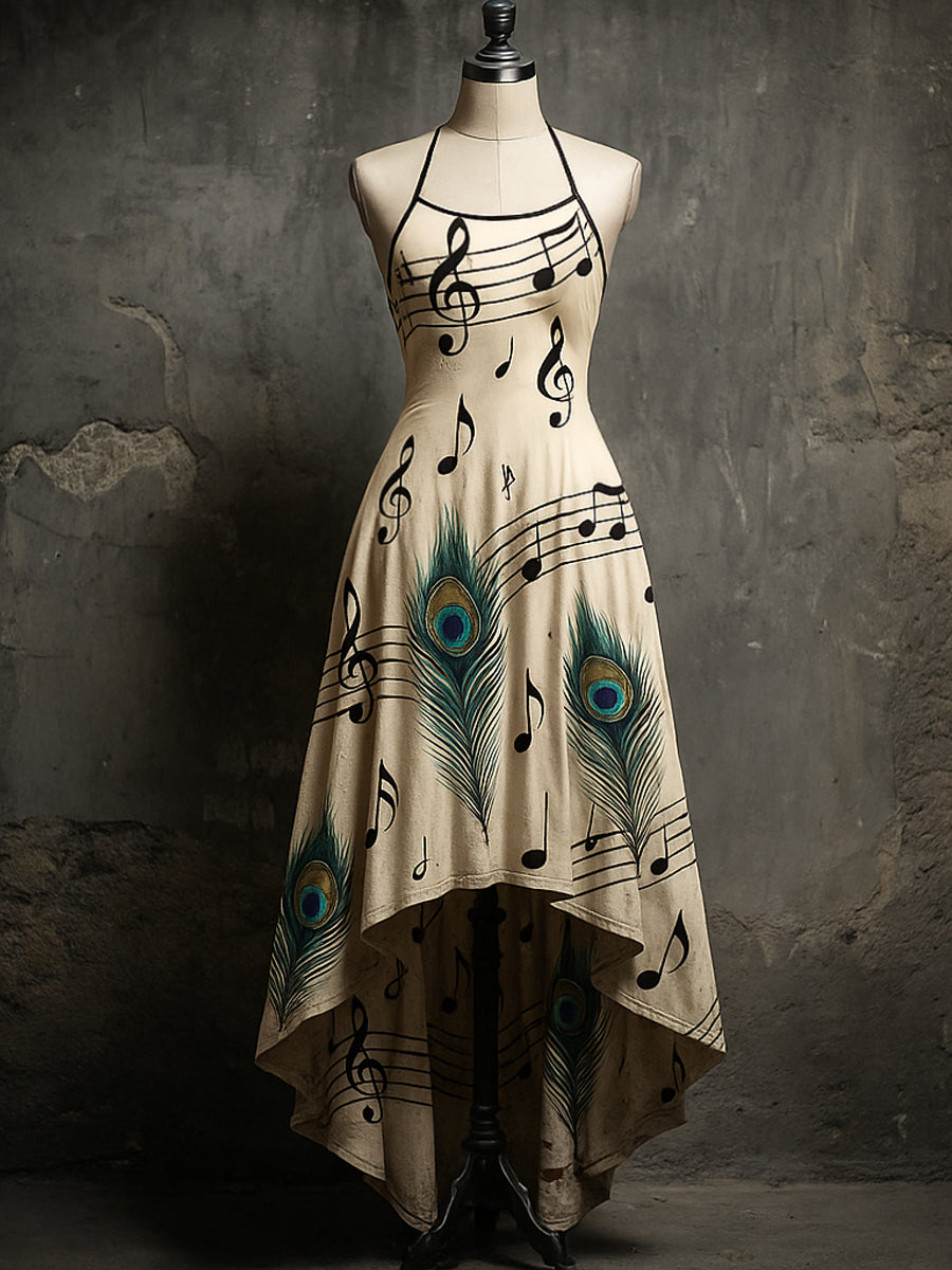 Retro Peacock Feather Art Printed Vintage Comfortable Elasticity Strappy Irregular Midi Dress