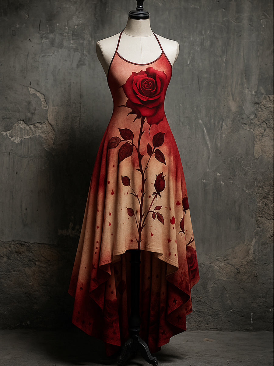 Retro Rose Floral Art Printed Vintage Comfortable Elasticity Strappy Irregular Midi Dress