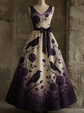 Retro Crow Floral Art Print V-Neck Sleeveless Cotton Maxi Dress