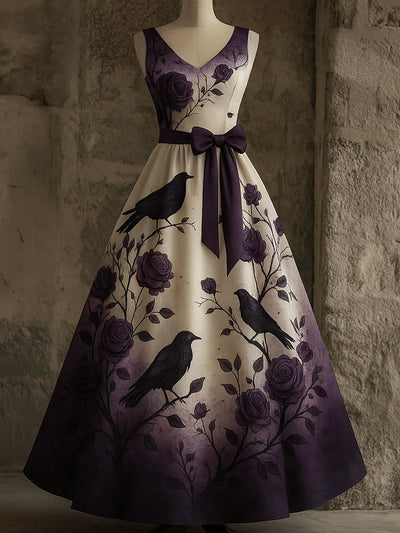 Retro Crow Floral Art Print V-Neck Sleeveless Cotton Maxi Dress