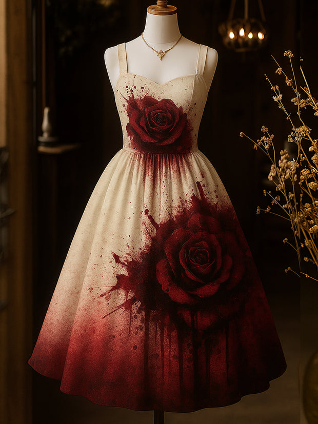 Retro Blood Rose Art Printed Vintage Chic Pleated Waist Slip Midi Dress