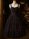 Retro Dark Night Purple Floral Art Printed Vintage Chic Pleated Waist Slip Midi Dress