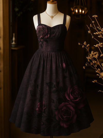 Retro Dark Night Purple Floral Art Printed Vintage Chic Pleated Waist Slip Midi Dress