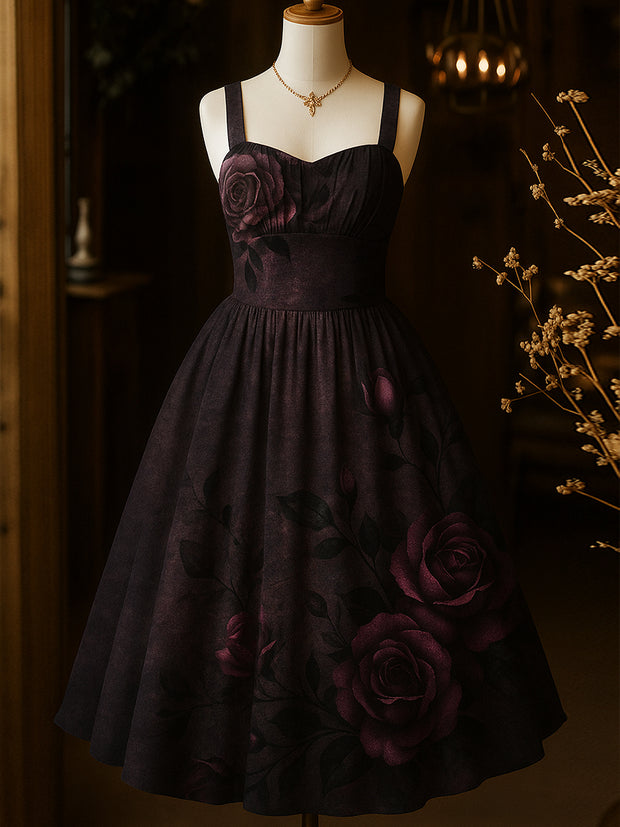 Retro Dark Night Purple Floral Art Printed Vintage Chic Pleated Waist Slip Midi Dress