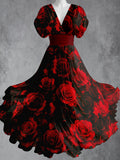 Retro Floral Art Printed Elegant V-Neck Vintage Short Sleeve Maxi Dress