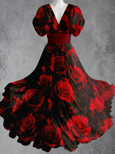 Retro Floral Art Printed Elegant V-Neck Vintage Short Sleeve Maxi Dress