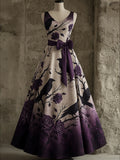 Retro Crow Floral Art Print V-Neck Sleeveless Cotton Maxi Dress