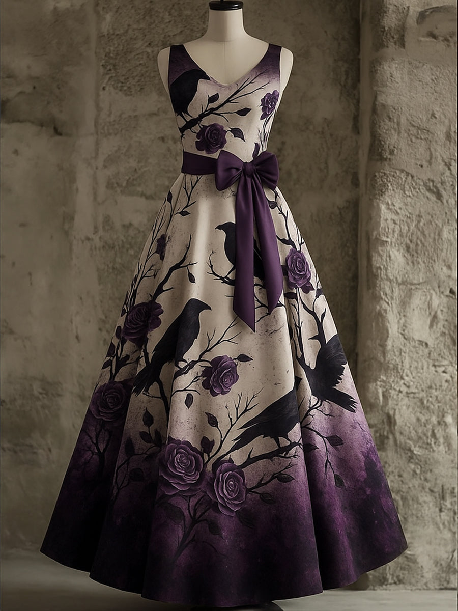Retro Crow Floral Art Print V-Neck Sleeveless Cotton Maxi Dress