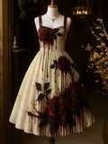 Retro Blood Rose Art Printed Vintage Chic Pleated Waist Slip Midi Dress