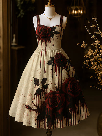 Retro Blood Rose Art Printed Vintage Chic Pleated Waist Slip Midi Dress