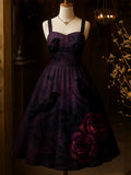 Retro Dark Night Purple Floral Art Printed Vintage Chic Pleated Waist Slip Midi Dress