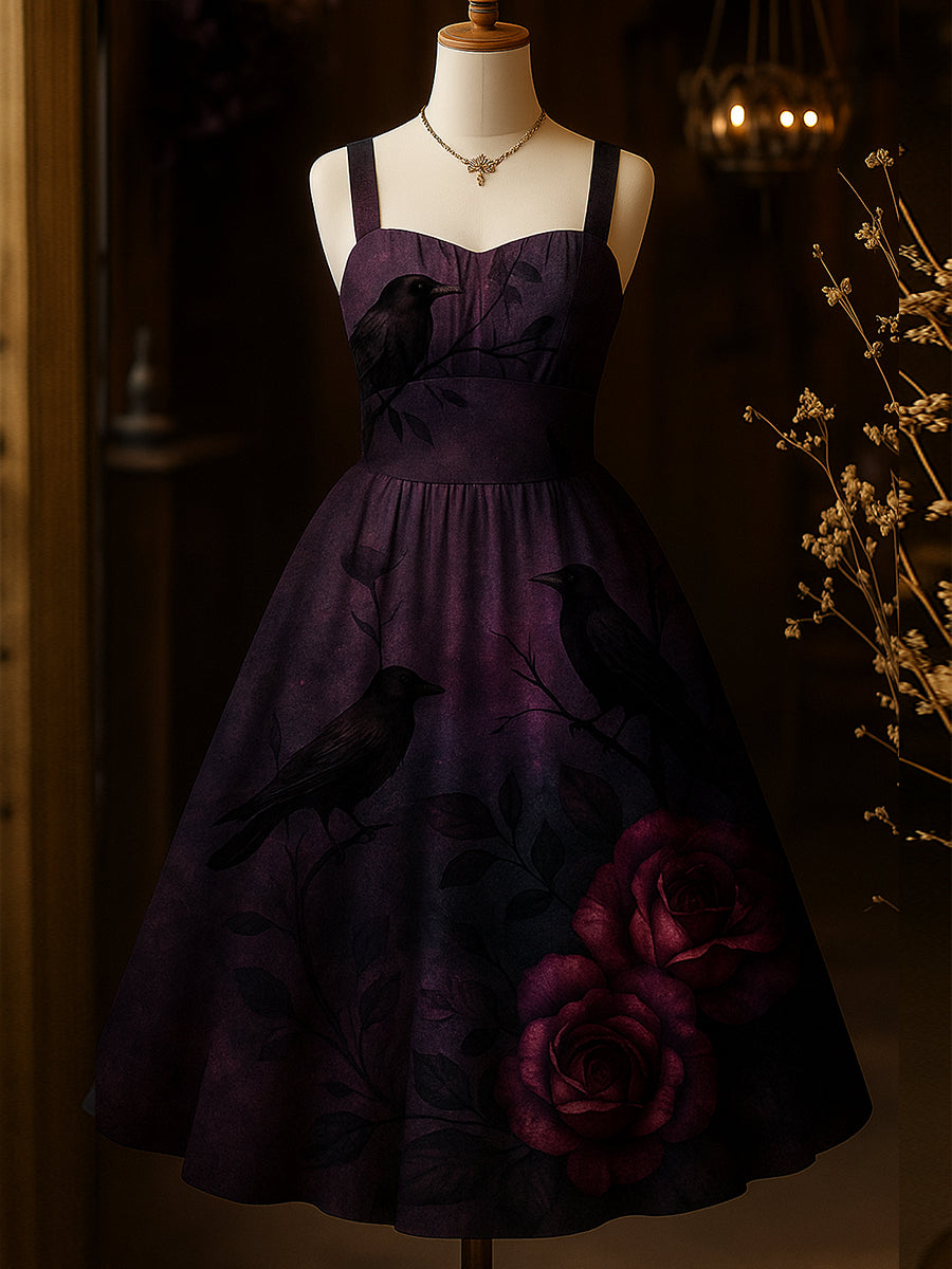Retro Dark Night Purple Floral Art Printed Vintage Chic Pleated Waist Slip Midi Dress