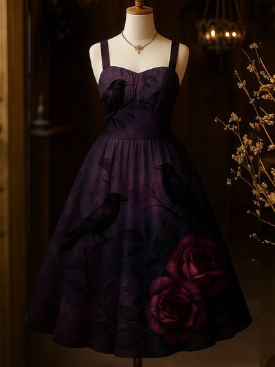 Retro Dark Night Purple Floral Art Printed Vintage Chic Pleated Waist Slip Midi Dress