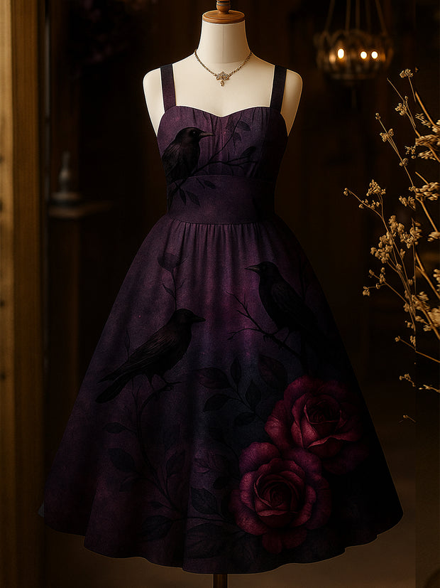 Retro Dark Night Purple Floral Art Printed Vintage Chic Pleated Waist Slip Midi Dress