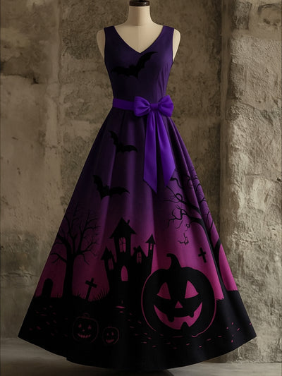 Retro Halloween Art Print V-Neck Sleeveless Cotton Maxi Dress