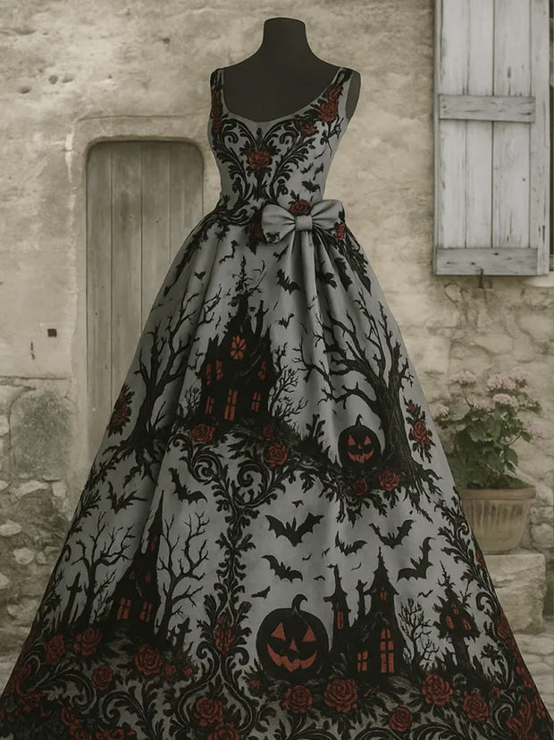 Pumpkin Crow Art Print V-Neck Sleeveless Cotton Maxi Dress