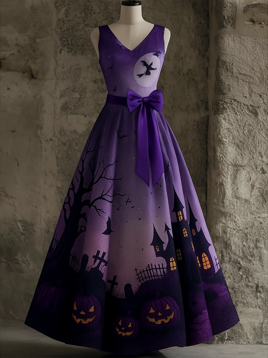 Retro Halloween Art Print V-Neck Sleeveless Cotton Maxi Dress