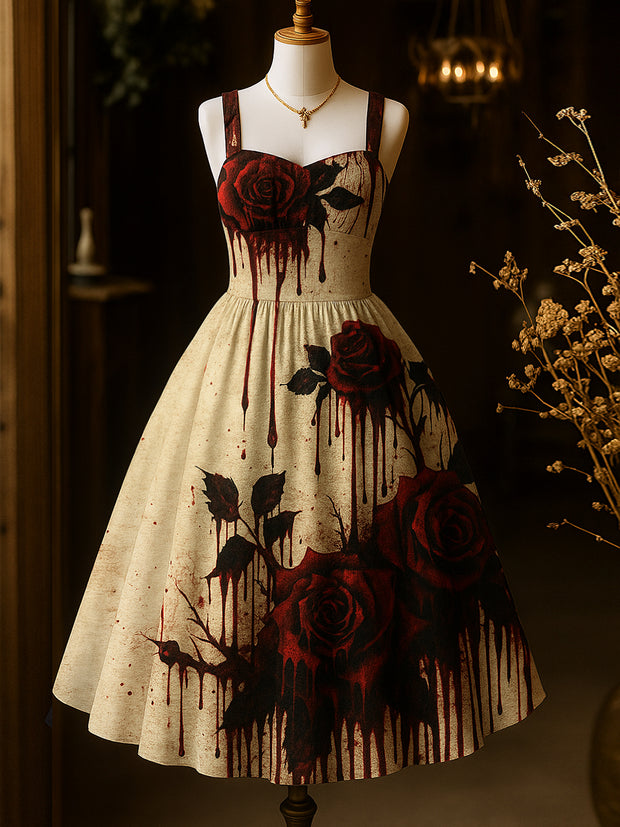 Retro Blood Rose Art Printed Vintage Chic Pleated Waist Slip Midi Dress
