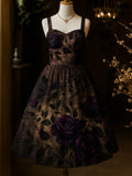 Retro Dark Night Purple Floral Art Printed Vintage Chic Pleated Waist Slip Midi Dress