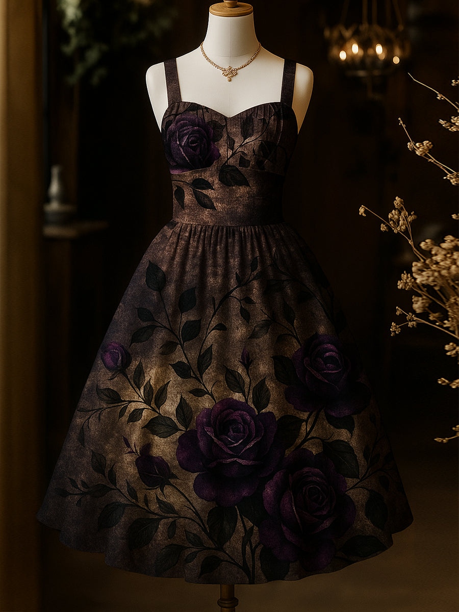 Retro Dark Night Purple Floral Art Printed Vintage Chic Pleated Waist Slip Midi Dress