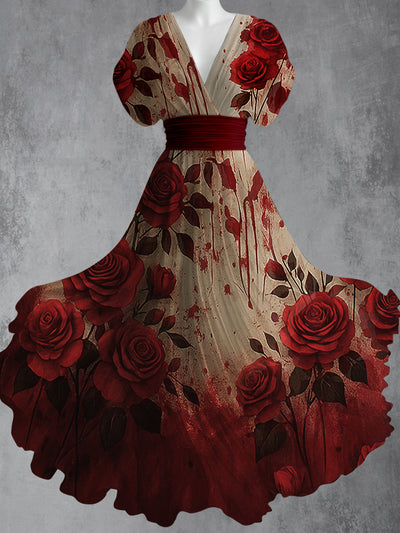 Retro Floral Art Printed Elegant V-Neck Vintage Short Sleeve Maxi Dress