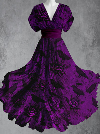 Retro Floral Crow Art Printed Elegant V-Neck Vintage Short Sleeve Maxi Dress