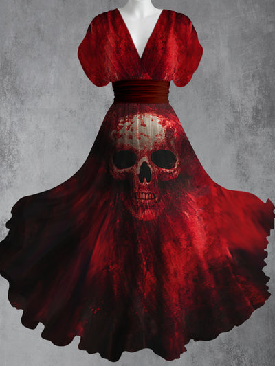 Retro Skull Art Printed Elegant V-Neck Vintage Short Sleeve Maxi Dress