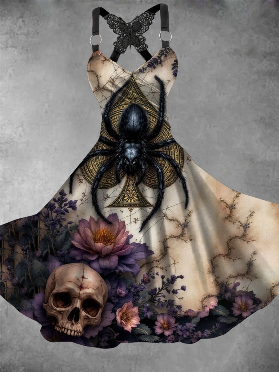 Women's Vintage Skull Floral Art Butterfly Lace Dress