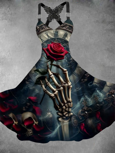 Women's Vintage Skull Floral Art Butterfly Lace Dress