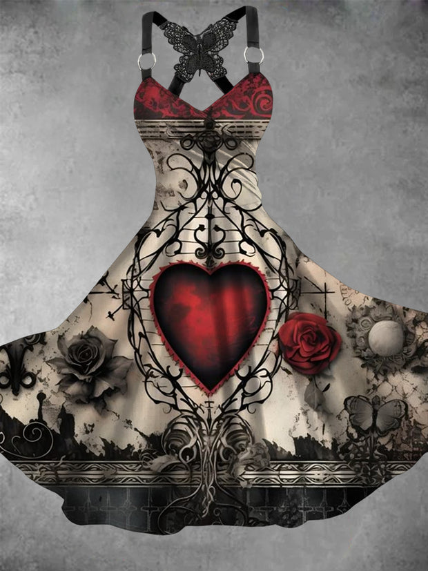 Women's Vintage Heart Floral Vine Art Butterfly Lace Dress