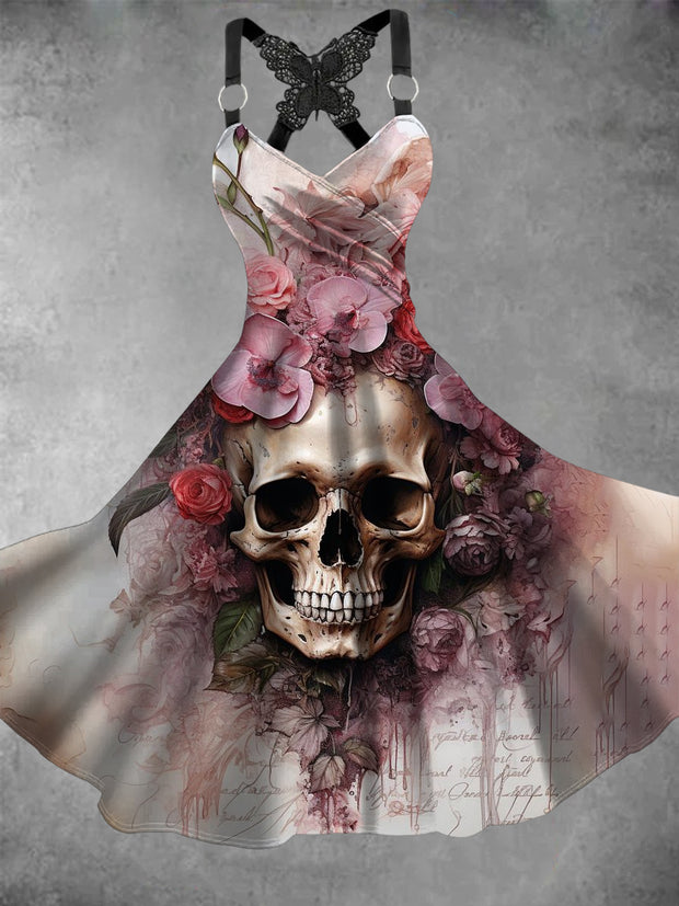 Women's Vintage Skull Floral Art Butterfly Lace Dress