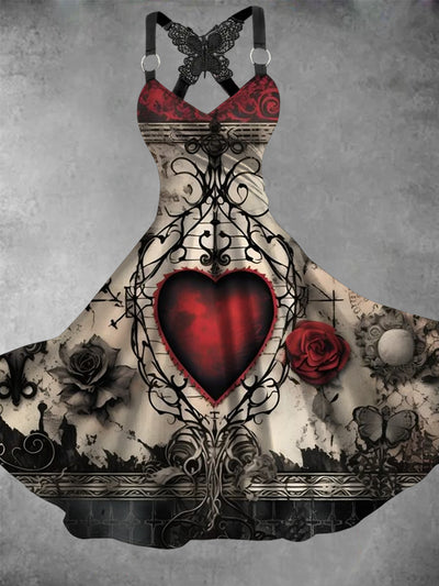 Women's Vintage Heart Floral Vine Art Butterfly Lace Dress