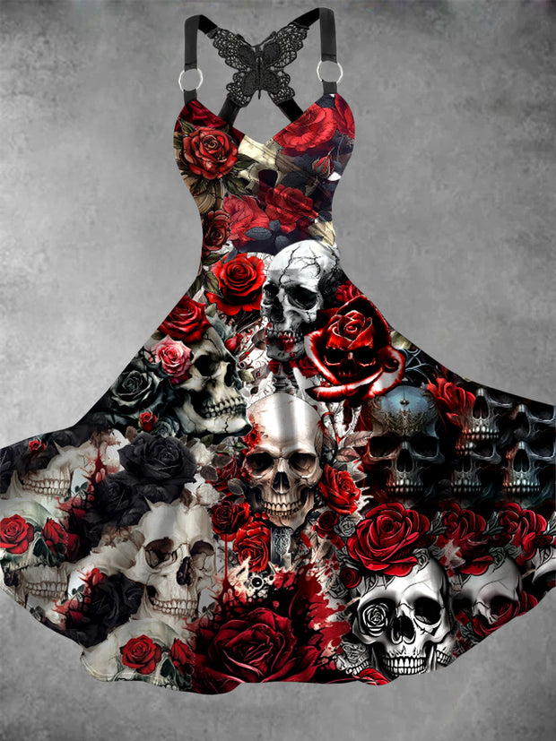 Women's Vintage Skull Floral Art Butterfly Lace Dress