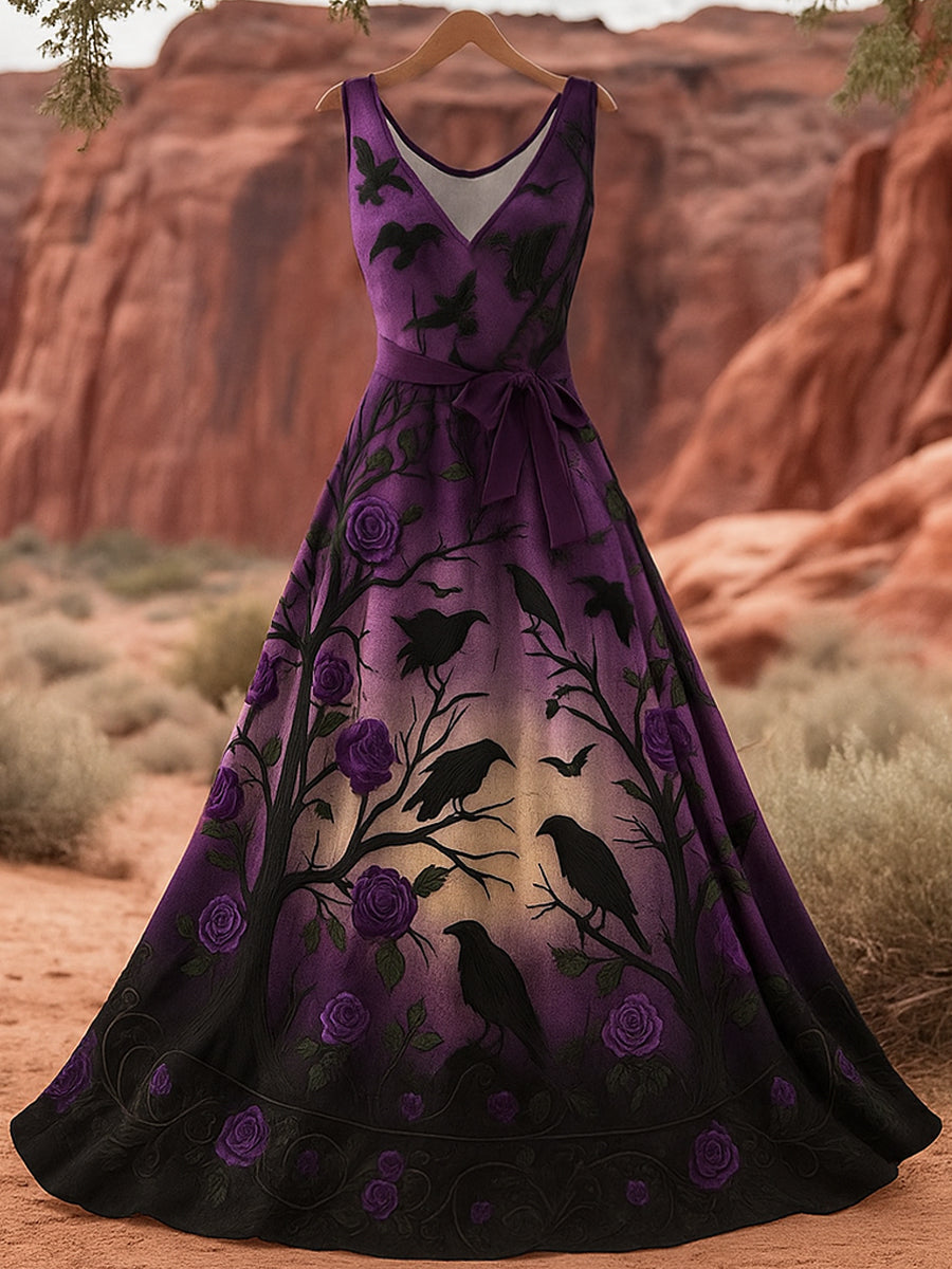 Retro Black Crow Dark Night Purple Floral Art Print V-Neck Sleeveless Cotton Maxi Dress