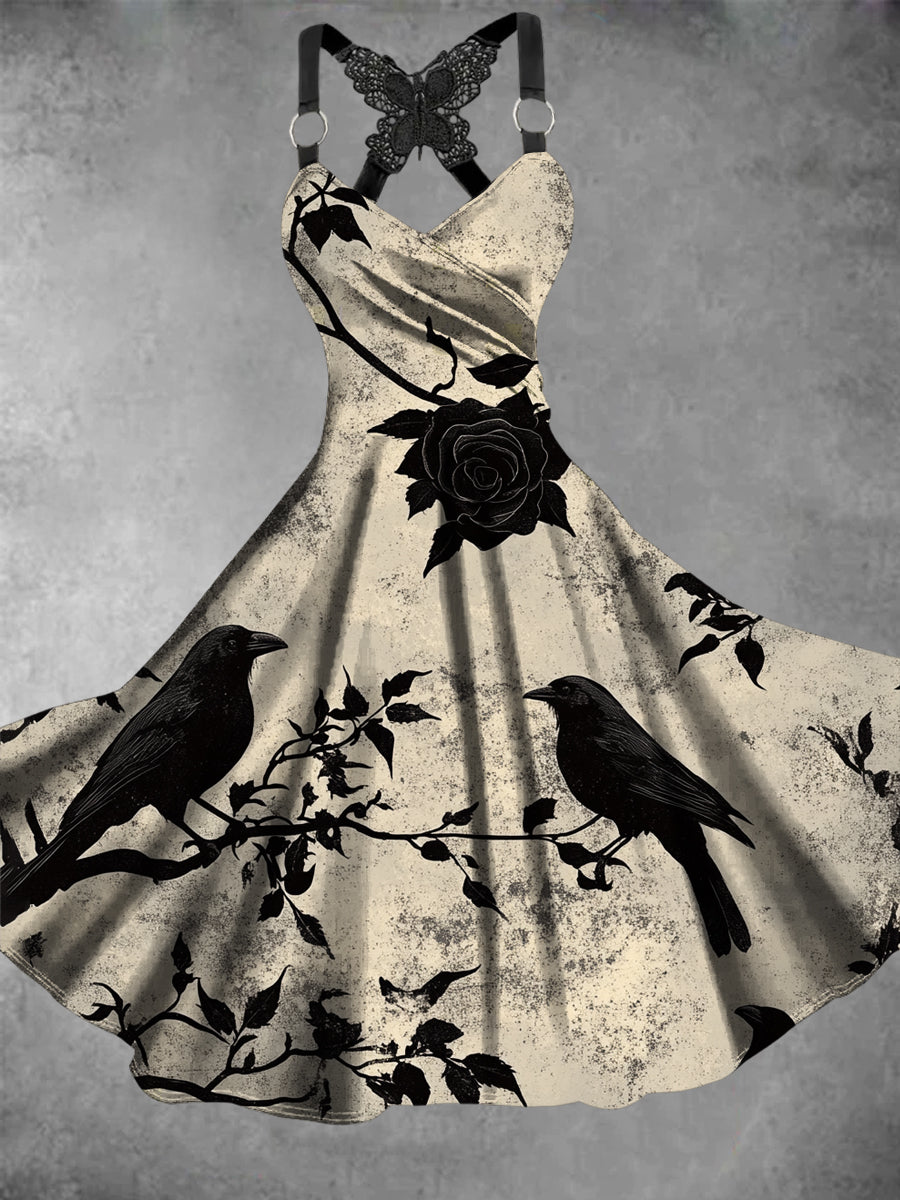 Women's Vintage Crow Art Print Dress
