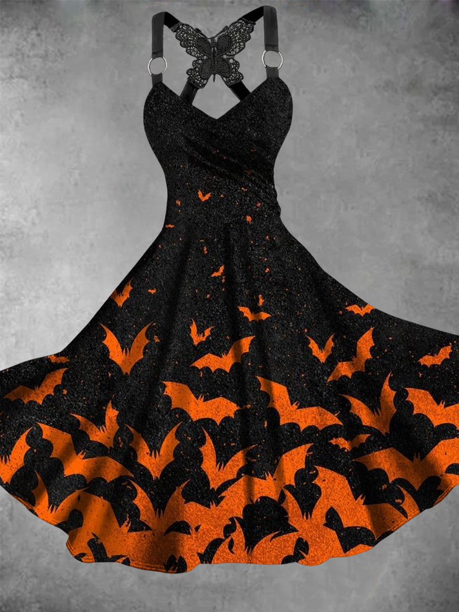 Women's Vintage Halloween Bat Art Print Dress