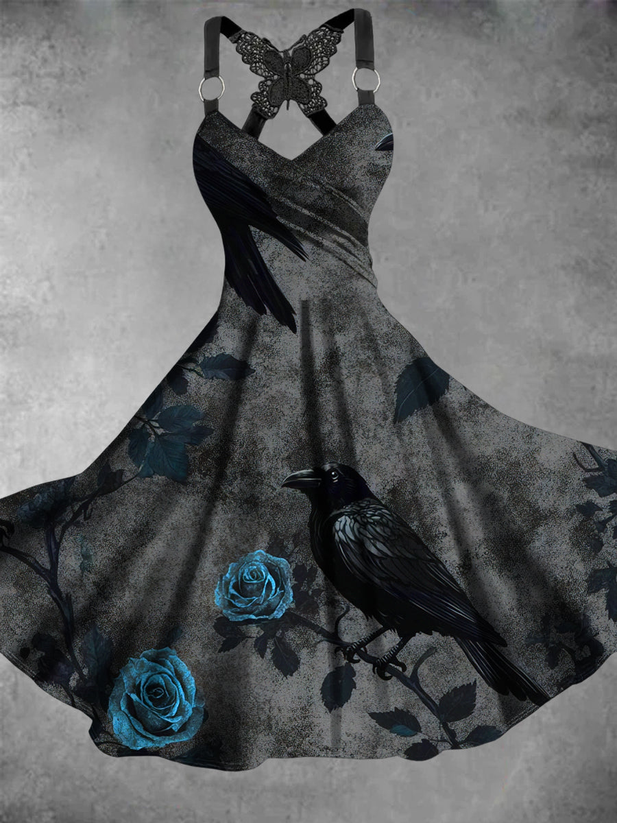 Women's Vintage Crow Art Print Dress