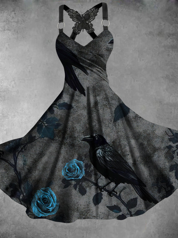 Women's Vintage Crow Art Print Dress