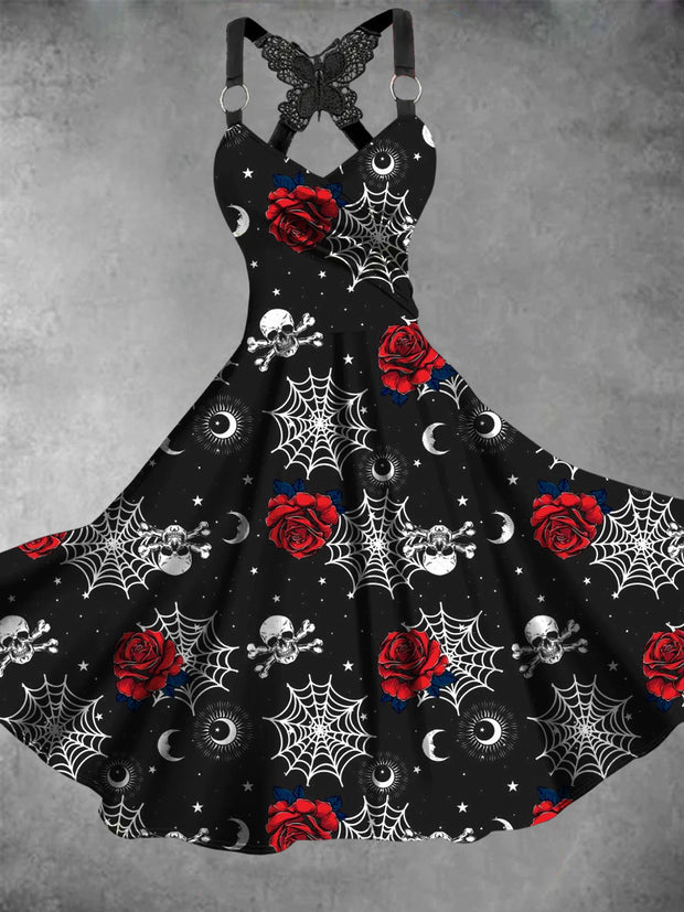 Women's Vintage Skull Floral Art Print Dress