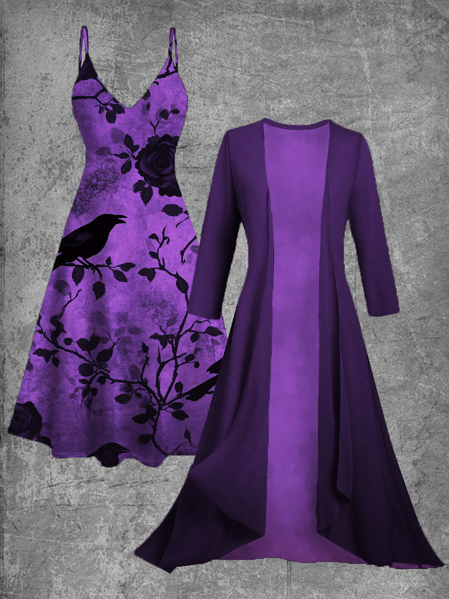 Vintage Crow Art Print Suspender Two-Piece Midi Dress